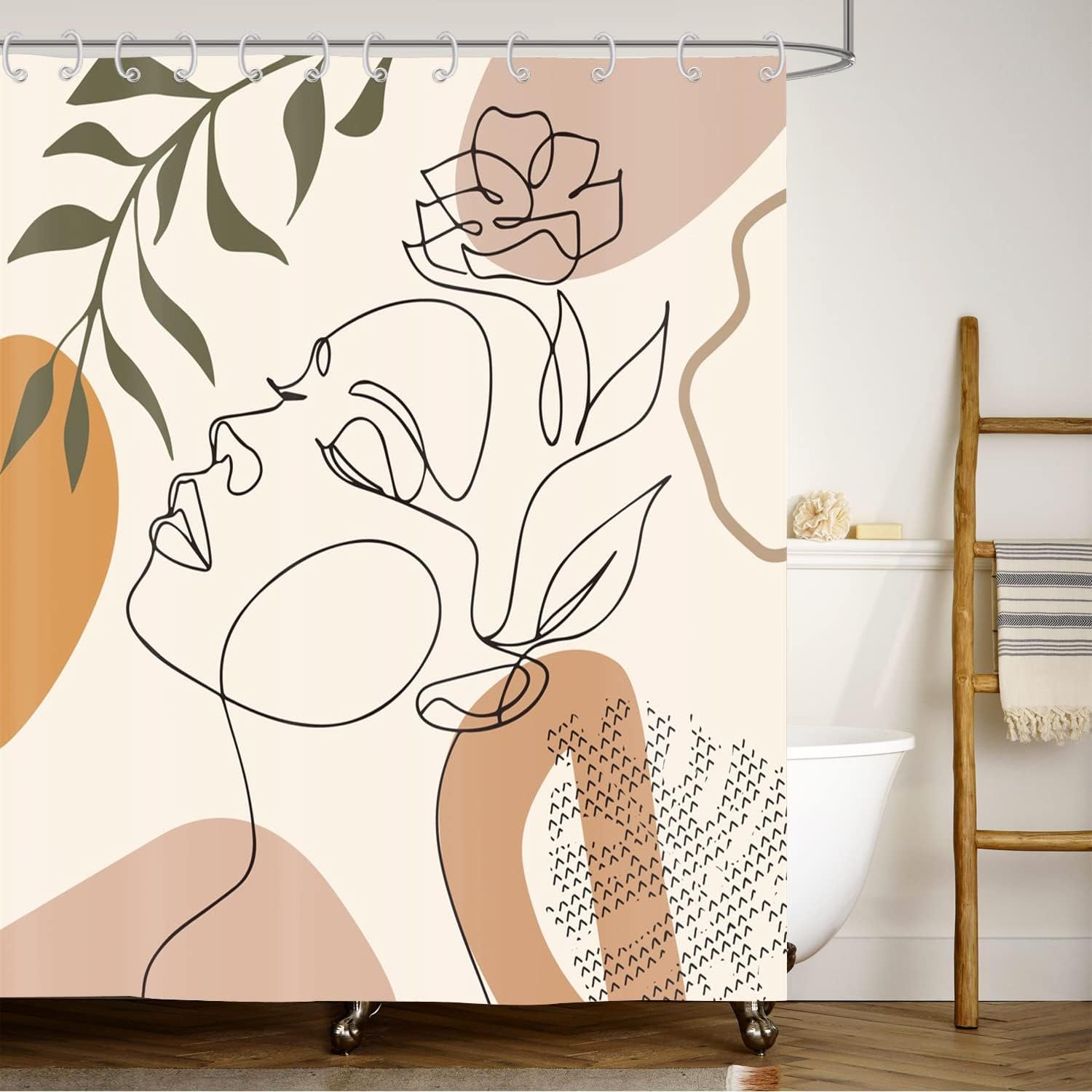 90x180 cm, Nowoczesny Abstrakcyjny Art Boho Twarz Beżowy Zmywalny Wodoodporny Zasłona do Wanny Prysznicowa Tkanina Kurtyny Prysznicowe Łazienka