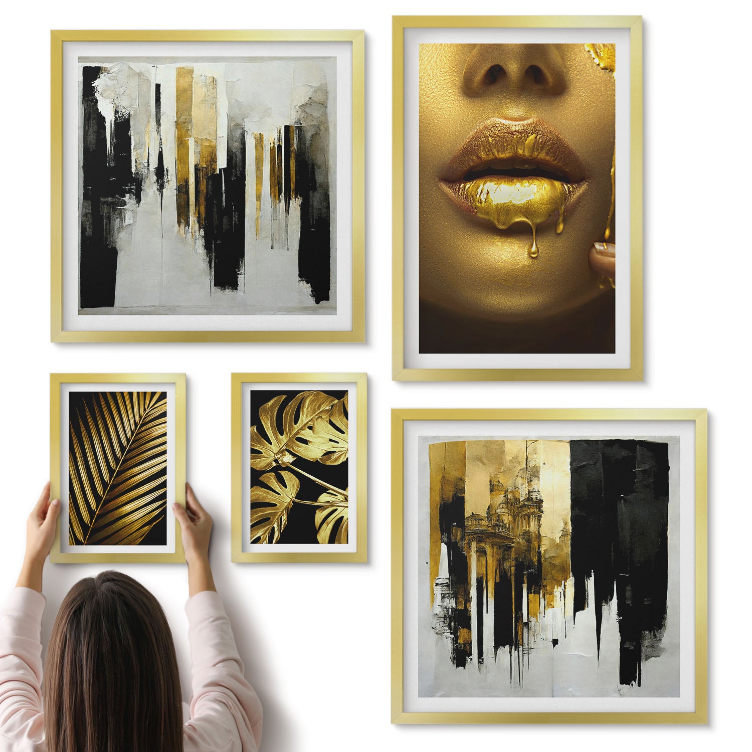 Galeria ścienna 5-częściowy komplet obrazów w złotych ramach - Styl glamour z motywami roślinnymi i ludzkimi twarzami - ArtPrintCave
