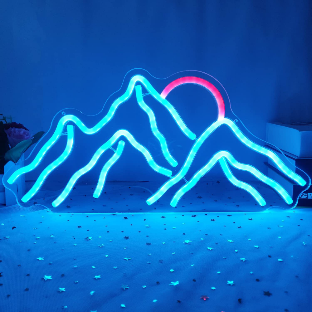 Neonowa lampa górska LED, wschód i zachód słońca, 16,9 x 8 cali, odpowiednia do sypialni, salonu, dekoracji hotelu (niebieska)