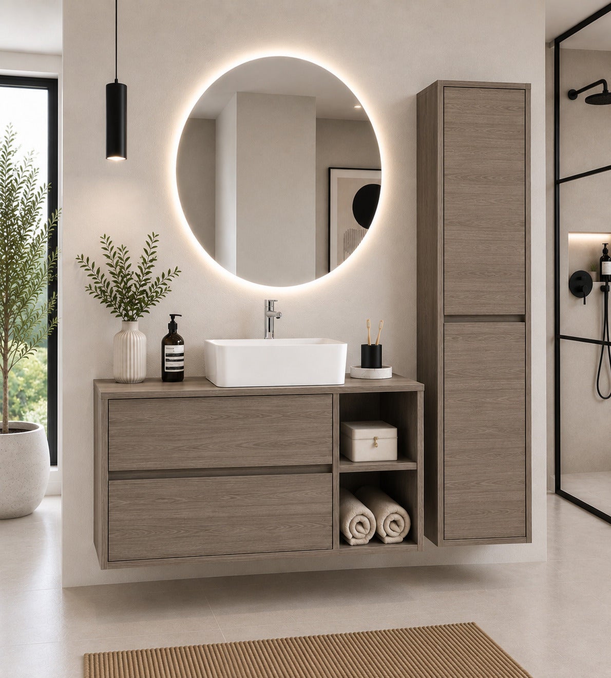 Szafka łazienkowa z drewnianym blatem i umywalką nablatową ORIGENBATH ZEUS bez lustra 120x45 cm 1 umywalka Prawa strona dąb smoky z kolumną