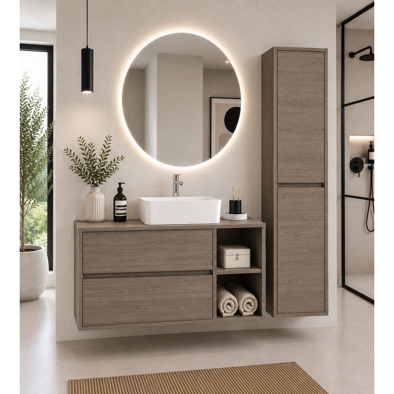Szafka łazienkowa z drewnianym blatem i umywalką nablatową ORIGENBATH ZEUS bez lustra 120x45 cm 1 umywalka Prawa strona dąb smoky z kolumną