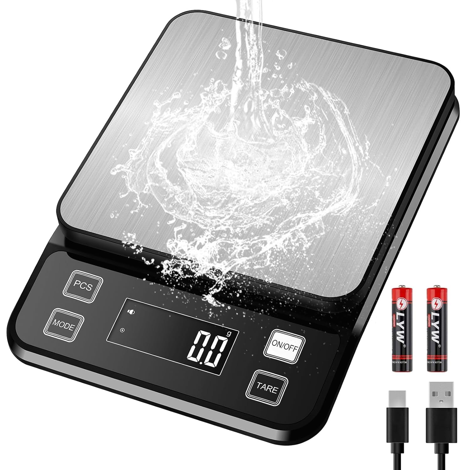 pełni wodoodporna waga kuchenna, precyzyjna waga spożywcza 10 kg 0,1 g, 10 jednostek i funkcja tarowania, PCS, podświetlany ekran LCD, automatyczne wy