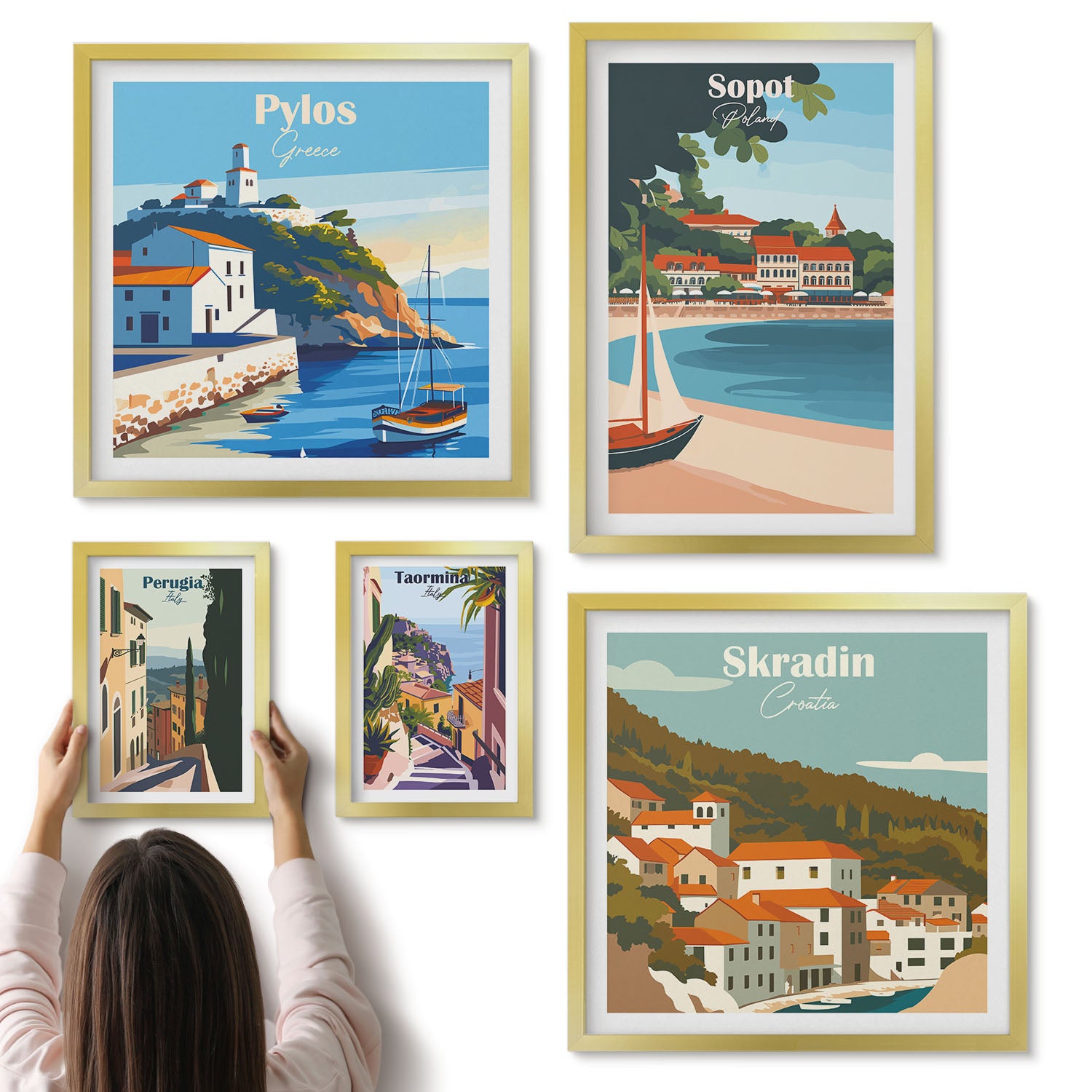 Galeria ścienna 5-częściowy komplet obrazów w złotych ramach - Krajobrazy nadmorskich miast w stylu retro i wakacyjnym - ArtPrintCave