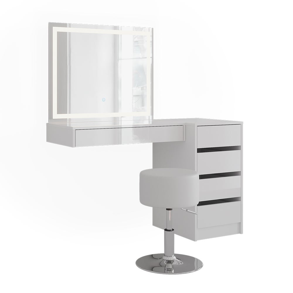 Vicco Stół do toalety Sherry, Biały/Biały wysoki połysk, 120.2 cm z lustrem LED, taboretem i szafką z szufladami