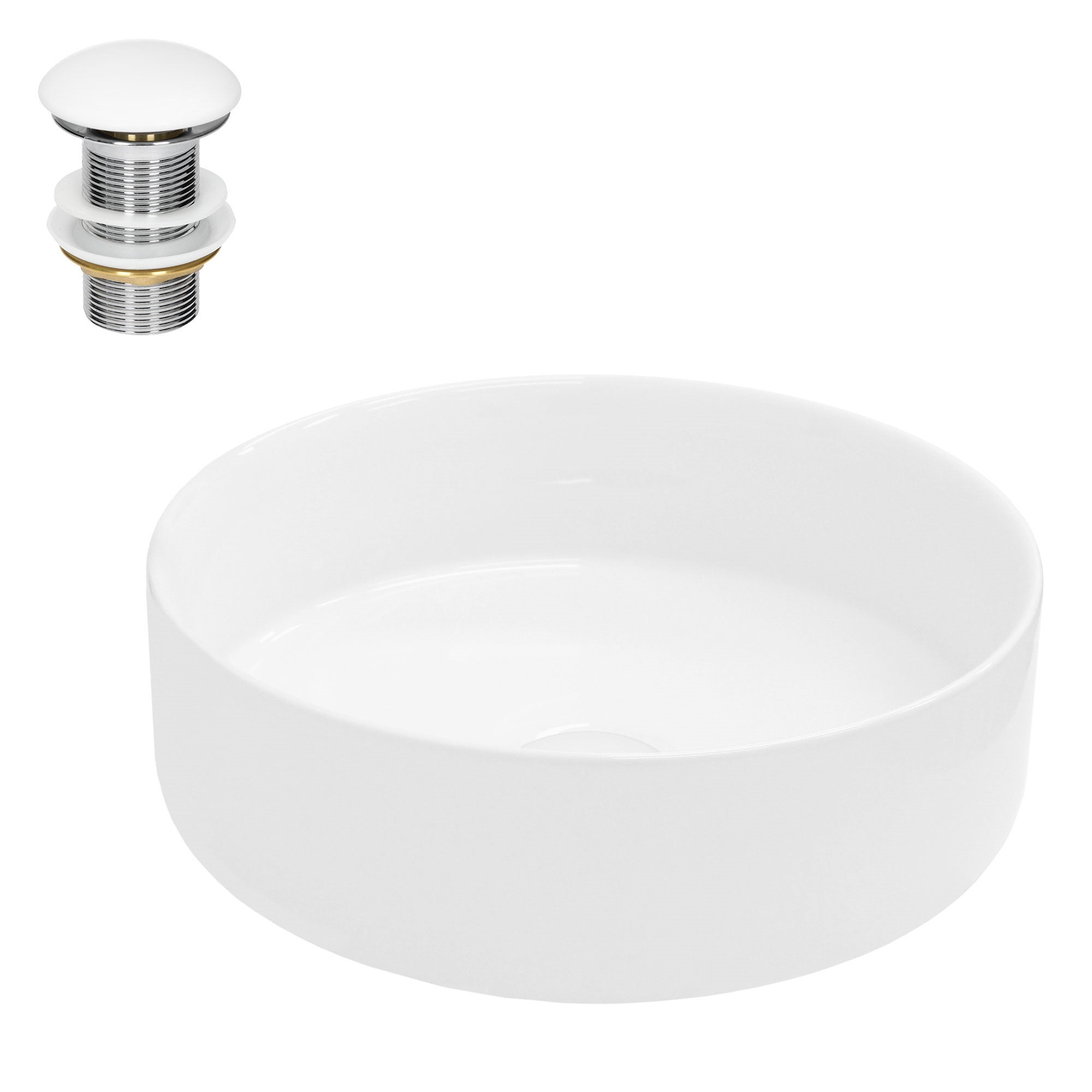 ECD Germany Design Umywalka Umywalka Ø 355 x 120 mm wraz z zestawem odplywowym do umywalki bez przelewu Ceramic Round White Umywalka nablatowa
