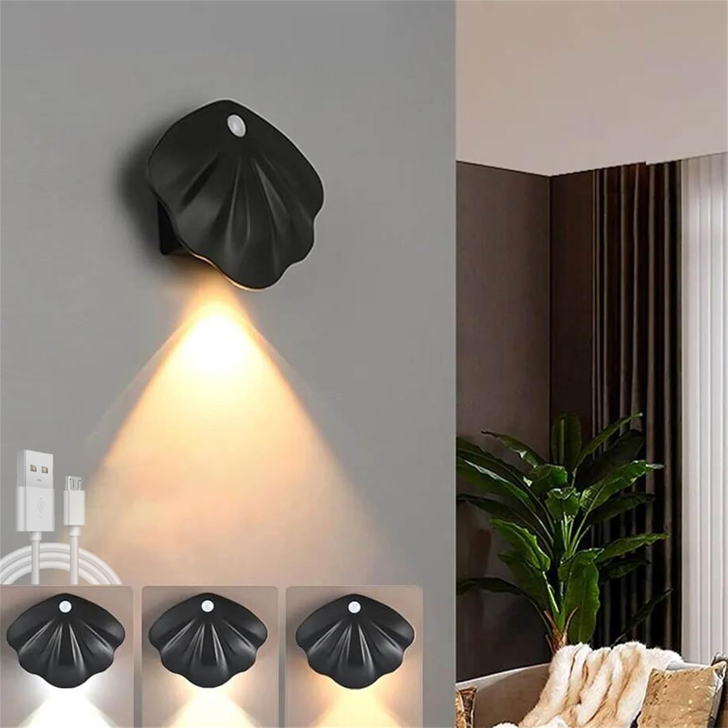 Magnetyczna lampa ścienna do wnętrz, zasilana bateryjnie, czujnik ruchu, regulowana jasność, 3 temperatury barwowe, ładowanie przez USB, czarna.