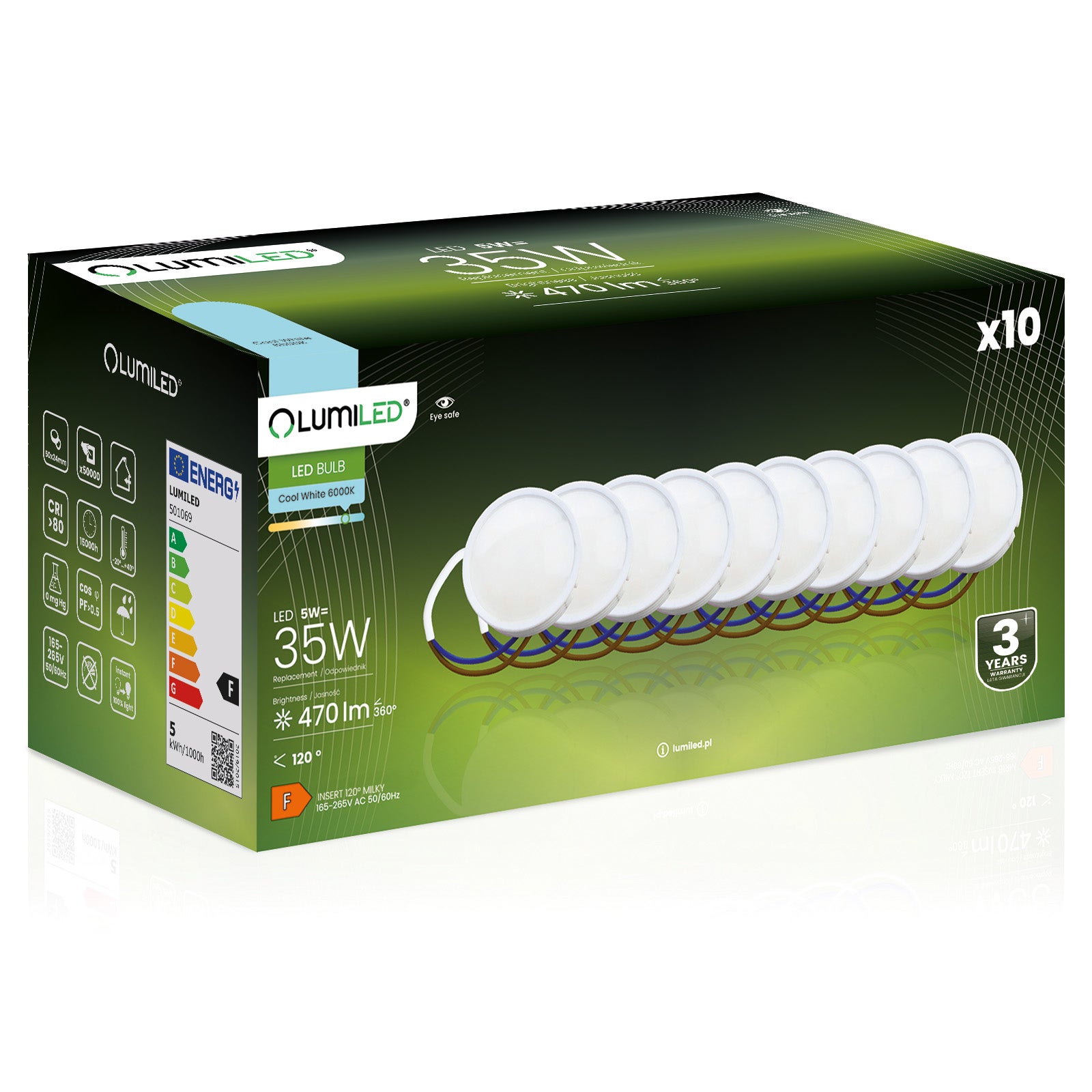 10x Wkład do Opraw LED Żarówka Lumiled Moduł Insert Reflektor 5W = 40W 470lm 6500K Zimna 120st