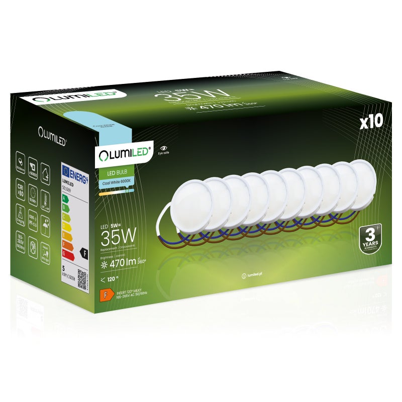 10x Wkład do Opraw LED Żarówka Lumiled Moduł Insert Reflektor 5W = 40W 470lm 6500K Zimna 120st