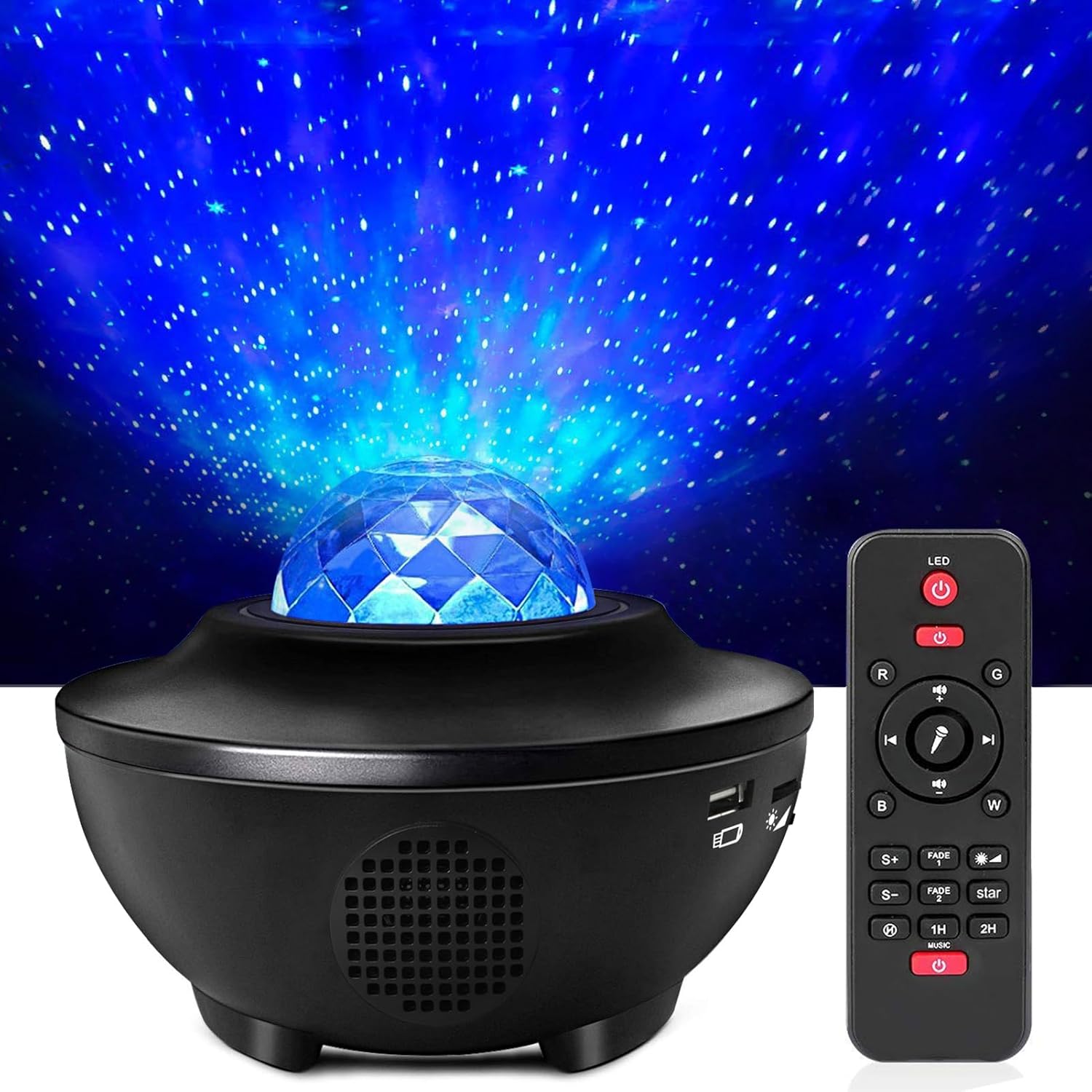 Projektor gwiazd LED - Projektor galaktyk z pilotem - Projektor gwiazd z głośnikiem Bluetooth, gwiazdy, fale