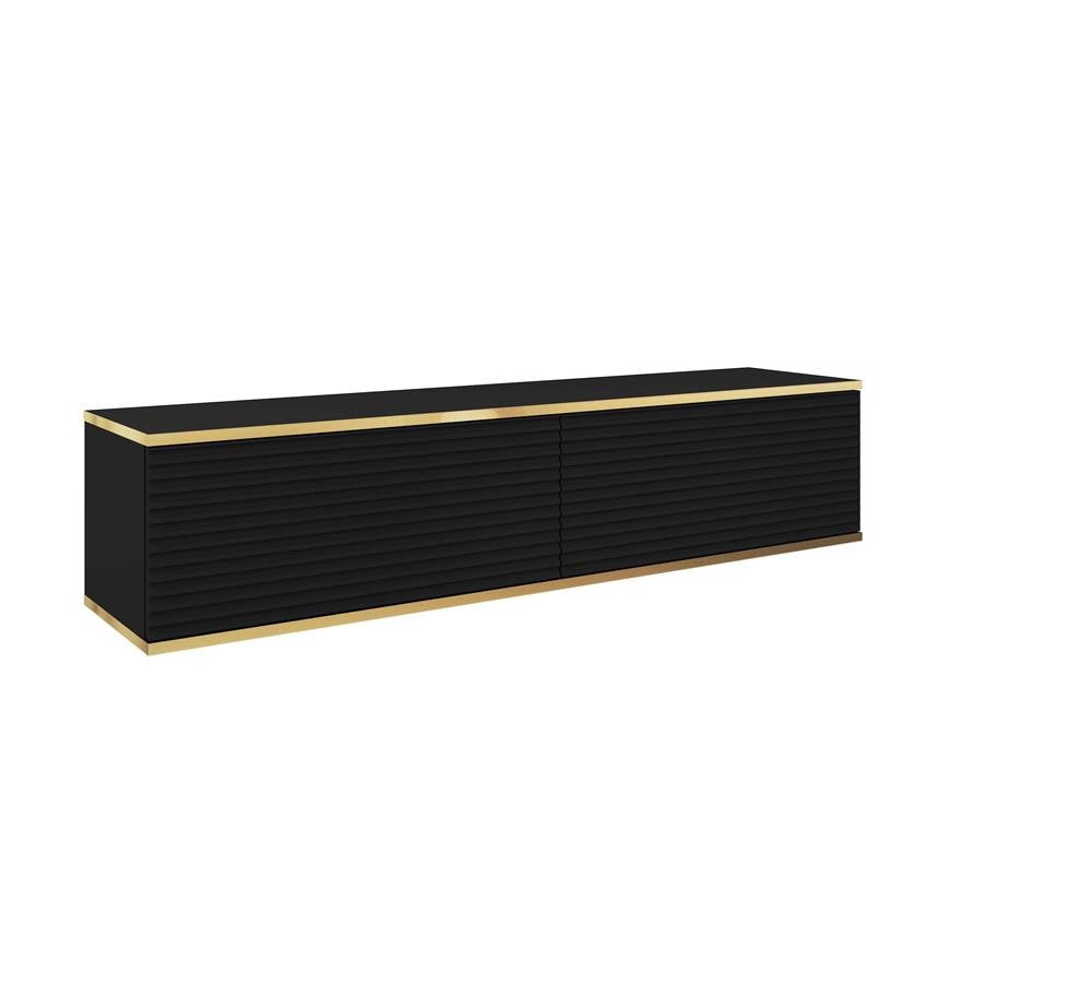Czarna szafka RTV ORO 135 cm – Lamelowane fronty z MDF i złotym akcentem