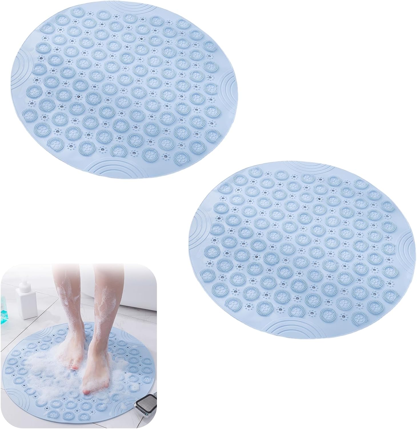 Antypoślizgowa Mata do Wanny, Szybkoschnąca Mata Pod Prysznic, z Przyssawkami i Otworami Odpływowymi, do Prysznica, Łazienki (2*niebieska 30*30cm)