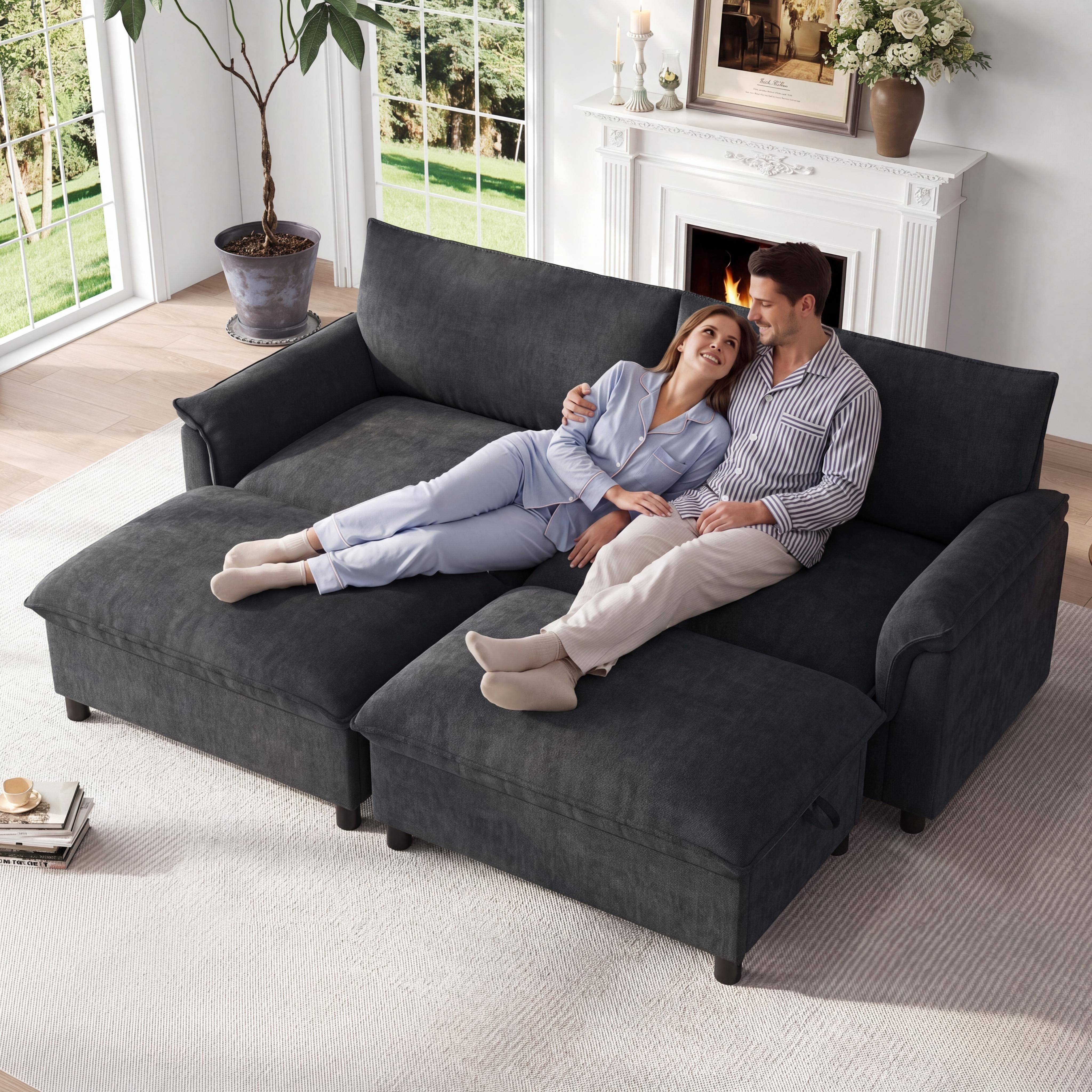 Nowoczesna sofa 216x77x82 cm - z 2 ruchomymi podnóżkami - ze schowkiem - Chenille - czarna