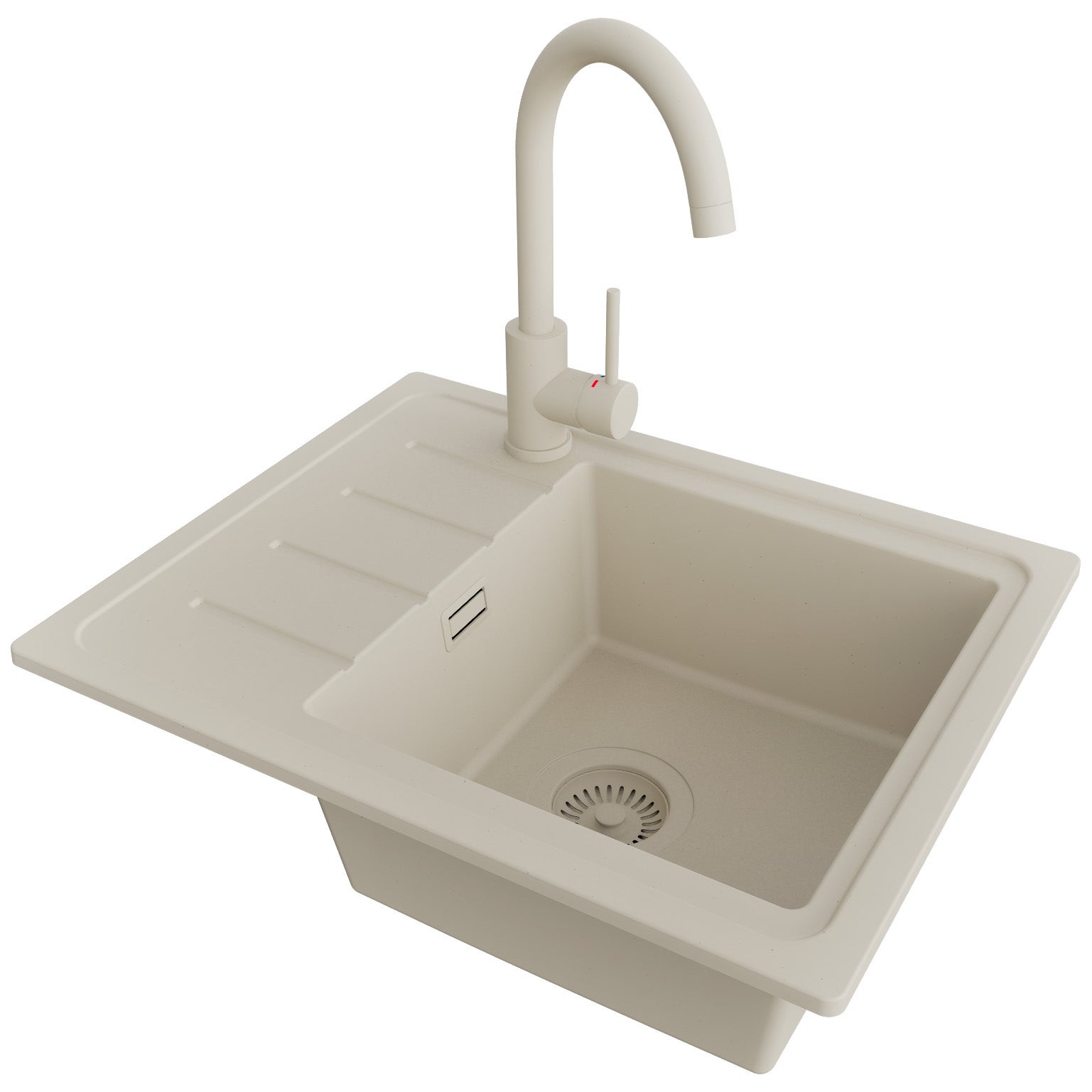 Zlewozmywak Granitowy Beżowy 55x44cm, Zlew Kuchenny 1 Komorowy + Bateria 32x20cm + Syfon, Nablatowy do szafki od 45cm - Kopenhaga Easy PRIMAGRAN