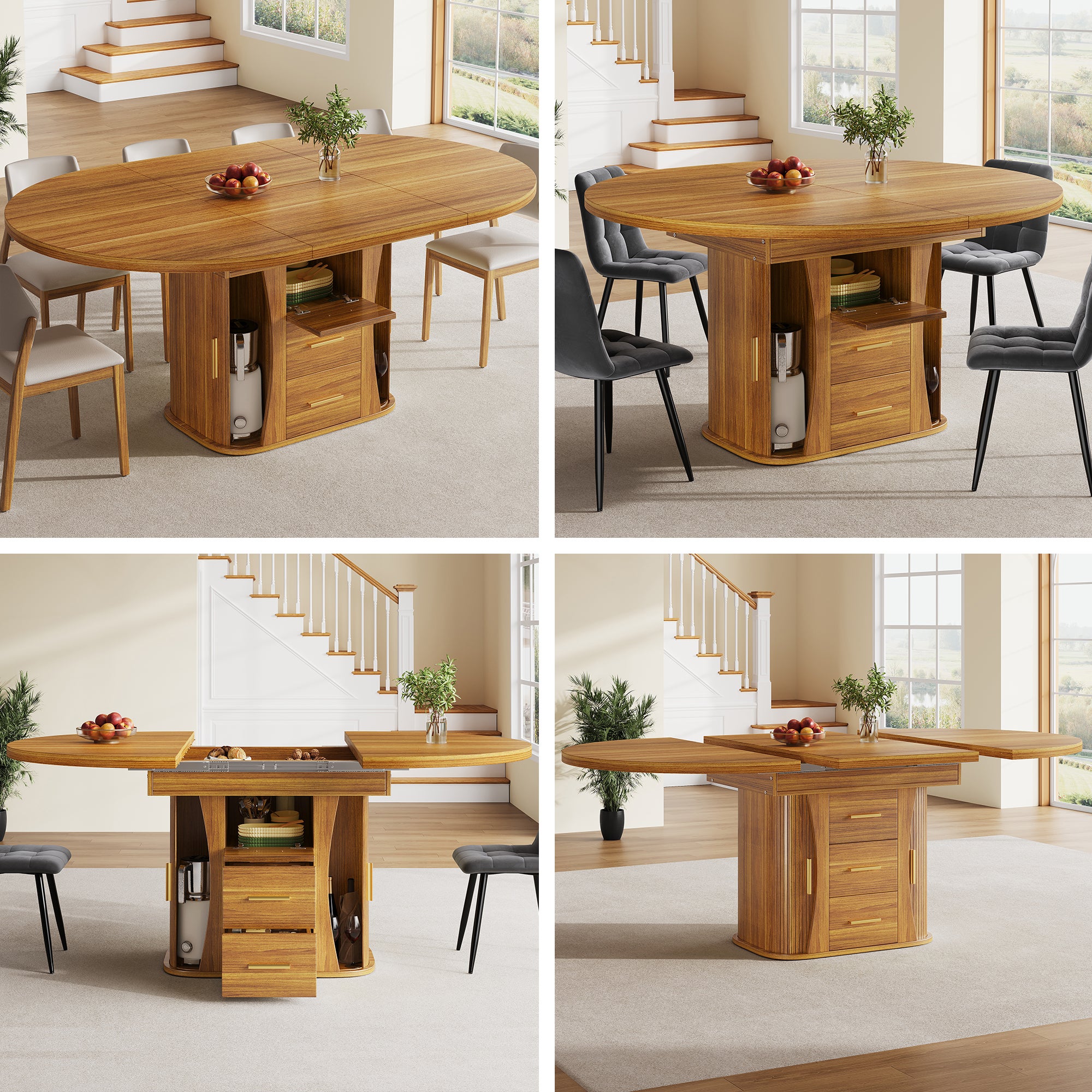 Rozkładany okrągły stół jadalny 118-158 cm, owalny stół kuchenny z rozkładaną częścią i 3 poziomami przechowywania, nowoczesny design – orzech