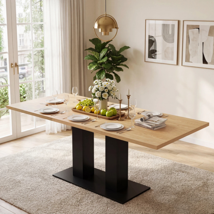 Stół rozkładany 140/180×70 cm – 6-8 miejsc, blat 30 mm, podwójna podstawa kolumnowa – naturalny do jadalni i kuchni