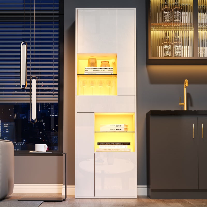 Witryna połysk 55 x 38 x 170 cm - 1 szuflada i 4 drzwi - z oświetleniem LED - biały