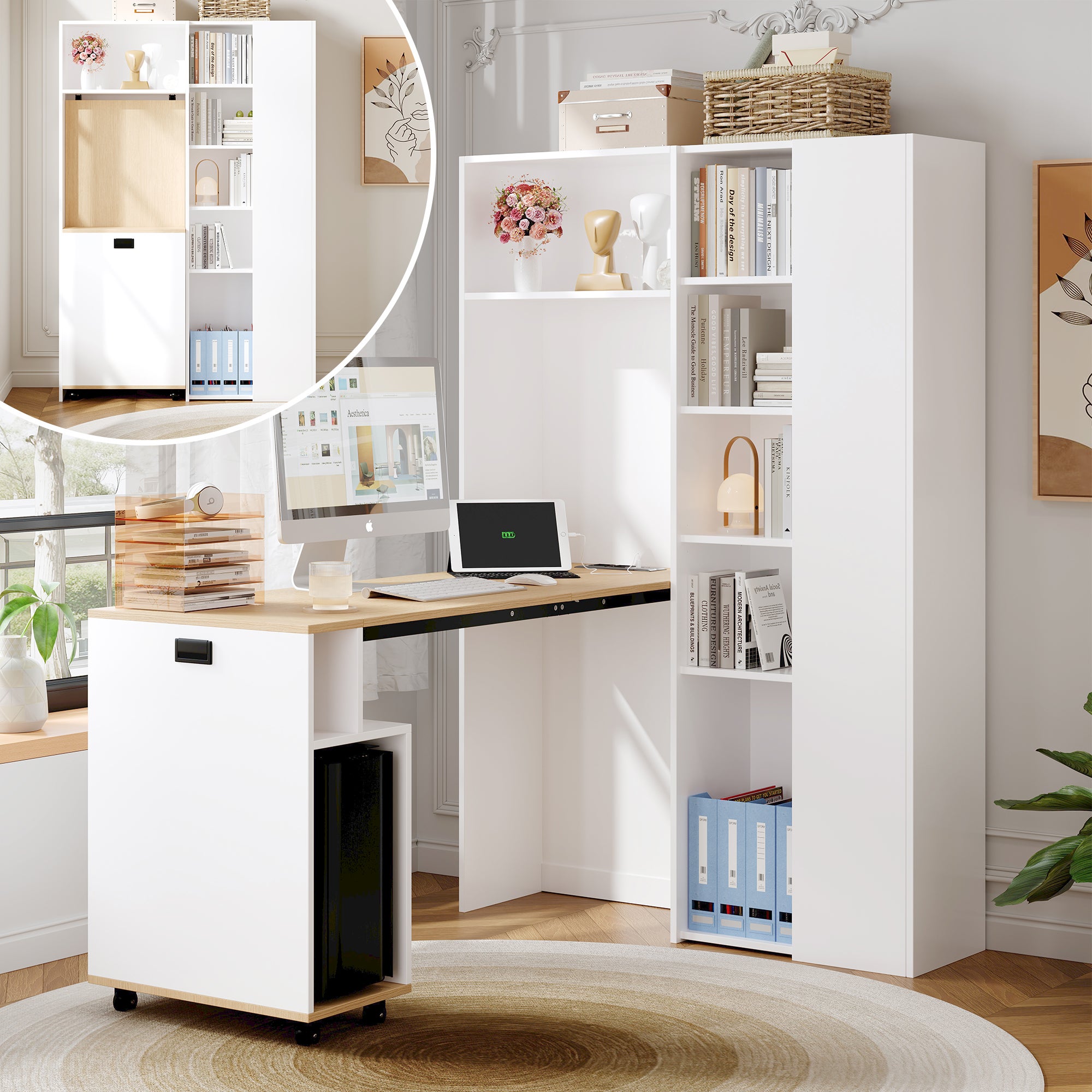Biurko składane z 1 drzwiami i regulowanymi półkami - 104,5 x 30,5 x 160 cm - MDF - gniazdko elektryczne i porty USB - białe