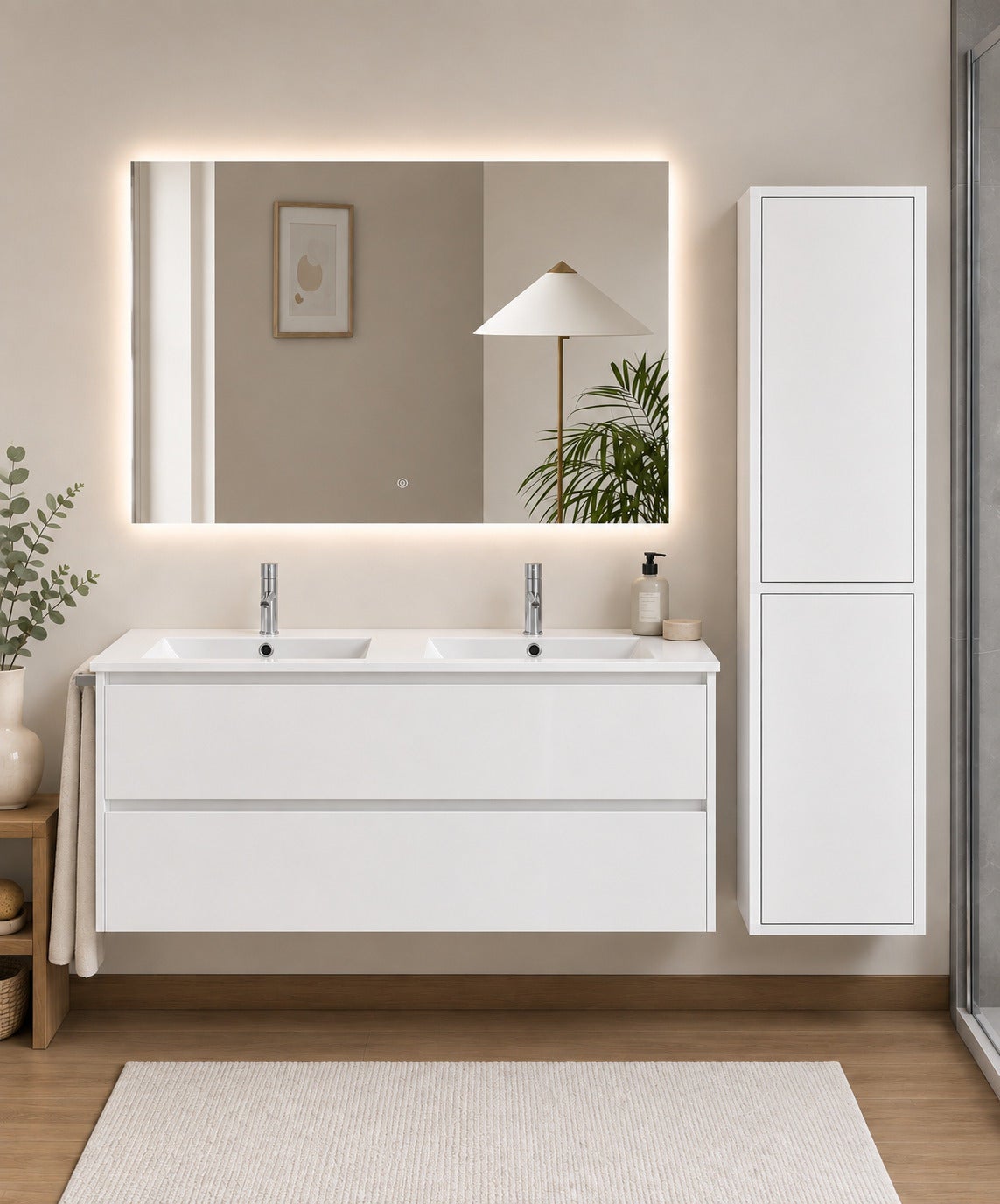 Szafka łazienkowa z umywalką ORIGENBATH IBIZA bez lustra 120x45 cm podwójna umywalka biały z kolumną