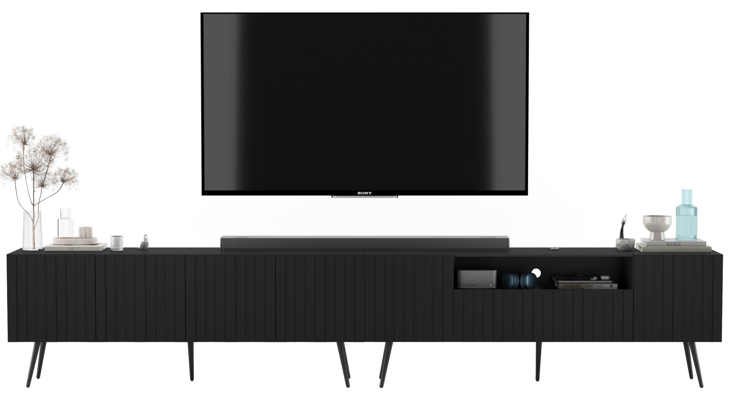 Szafka RTV Glamour 300 cm czarny mat, komoda loft z metalowymi nogami do nowoczesnego salonu