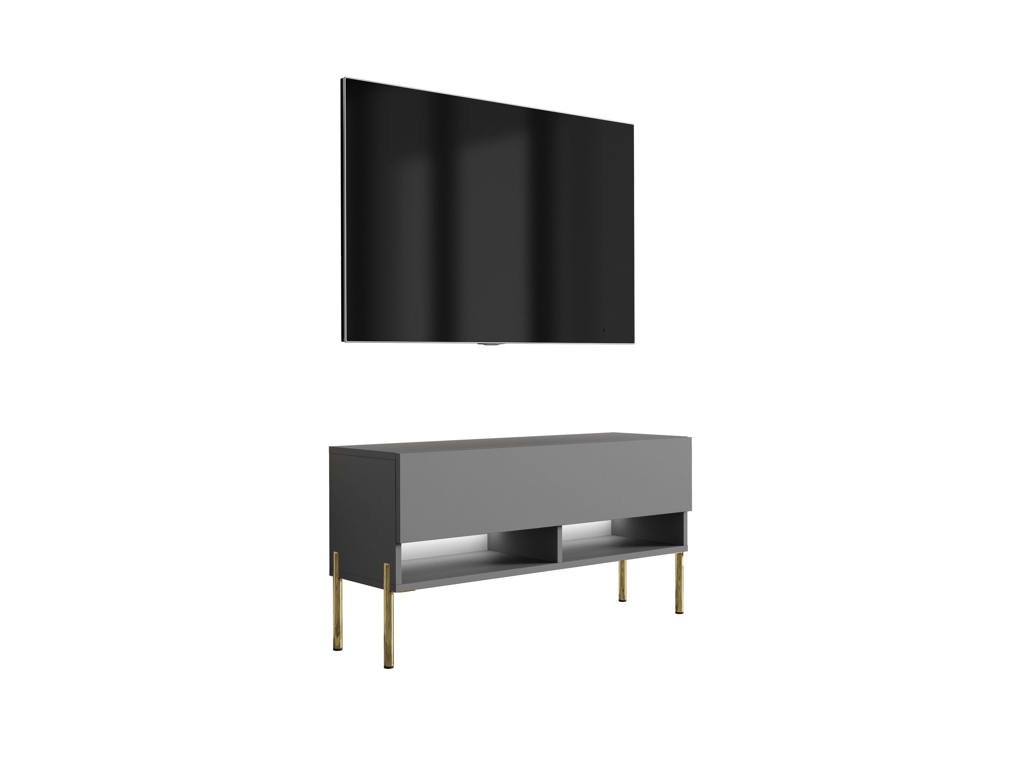 Szafka pod telewizor 100 cm Antracyt, nóżki proste złote, LED biały, 100 × 32 × 52 cm