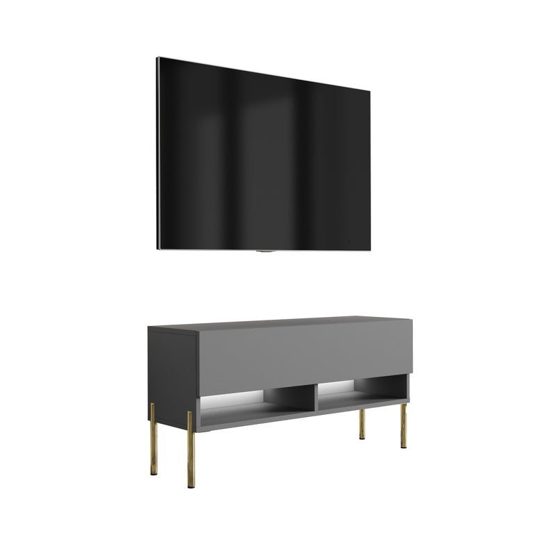 Szafka pod telewizor 100 cm Antracyt, nóżki proste złote, LED biały, 100 × 32 × 52 cm