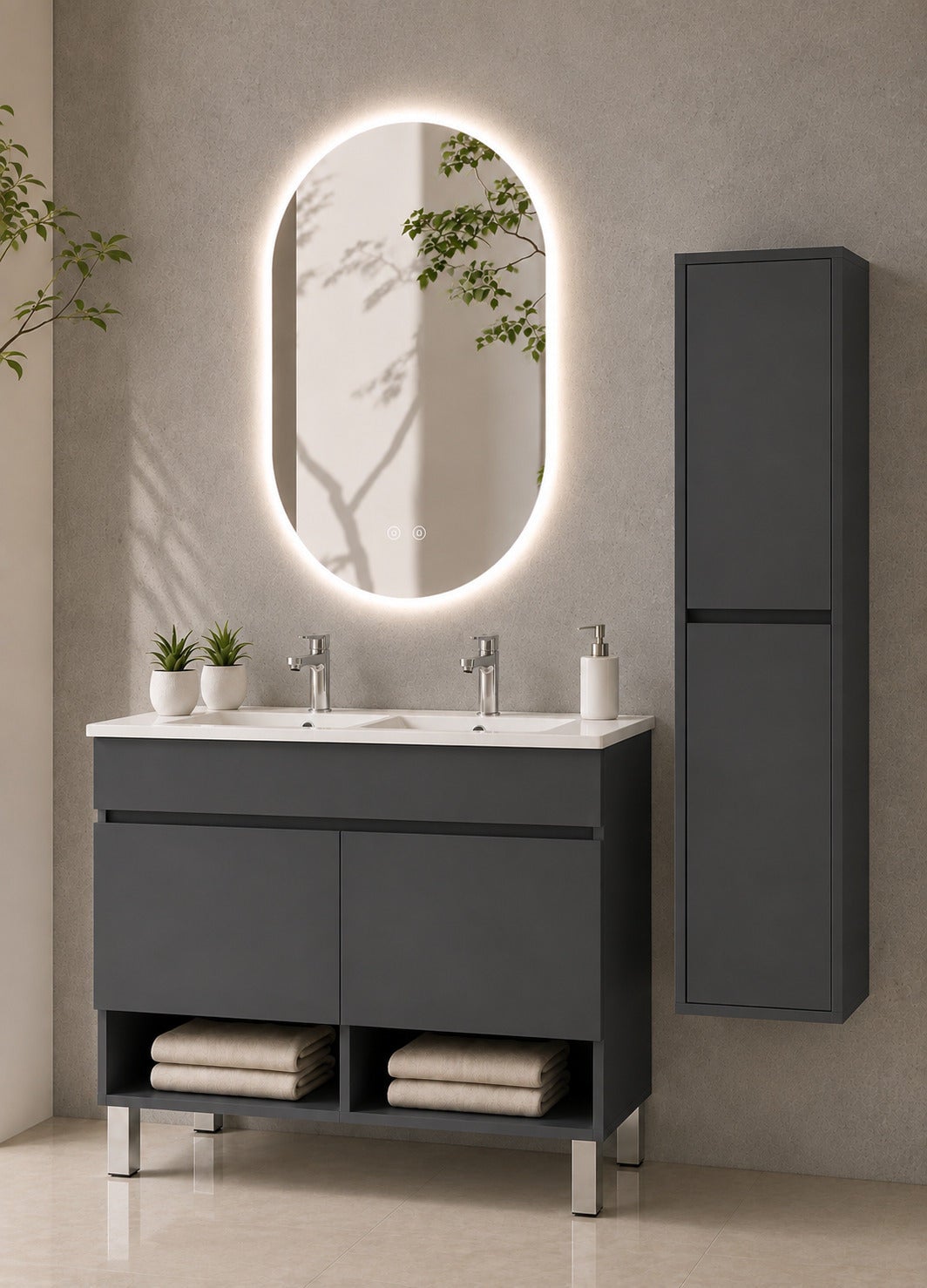 Szafka łazienkowa na nóżkach z umywalką ORIGENBATH NEBARI na nóżkach z drzwiami z kolumną 120x45 cm podwójna umywalka grafitowy z kolumną