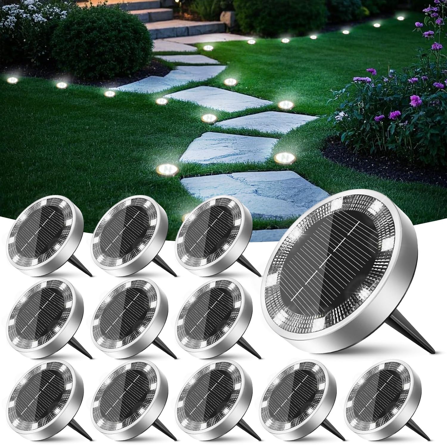 Lampy solarne do gruntu, zestaw 12 sztuk, wodoodporne, zewnętrzne reflektory solarne, oświetlenie solarne na patio, podjazd, ścieżkę, trawnik, podwór