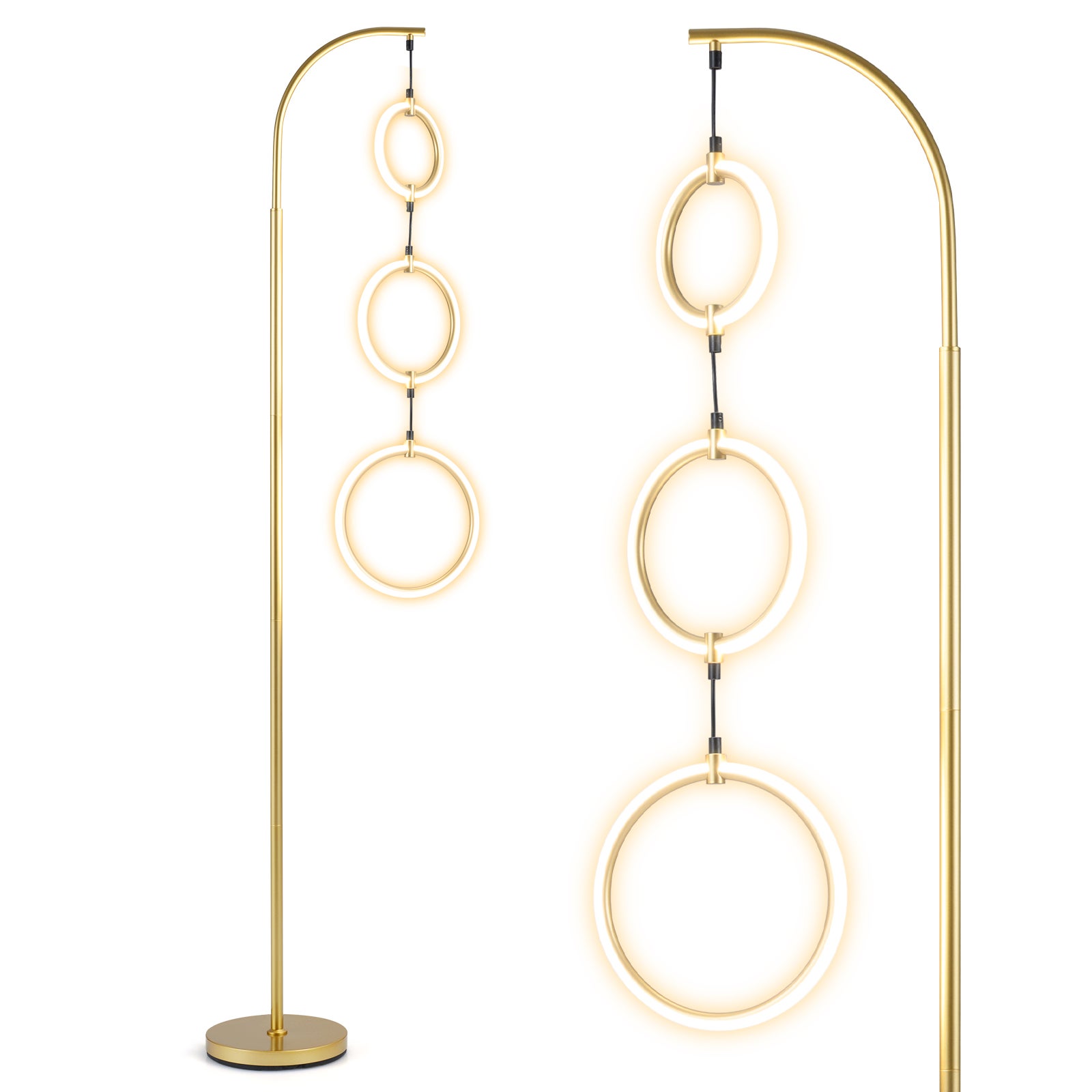 Lampa podłogowa LED z 3 pierścieniami, lampa podłogowa 180 cm z 3 temperaturami barwowymi, regulowana jasność, przełącznik nożny, funkcja pamięci