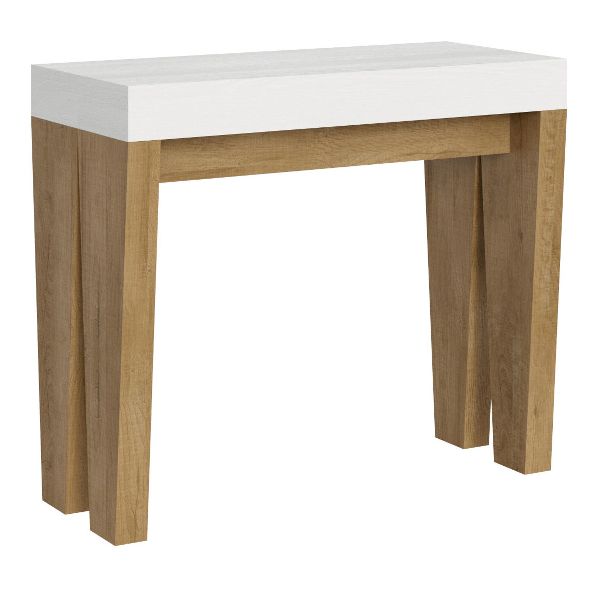 Mesa consola Spimbo Mix con tablero de fresno blanco y estructura de roble natural, extensible hasta 300 cm.