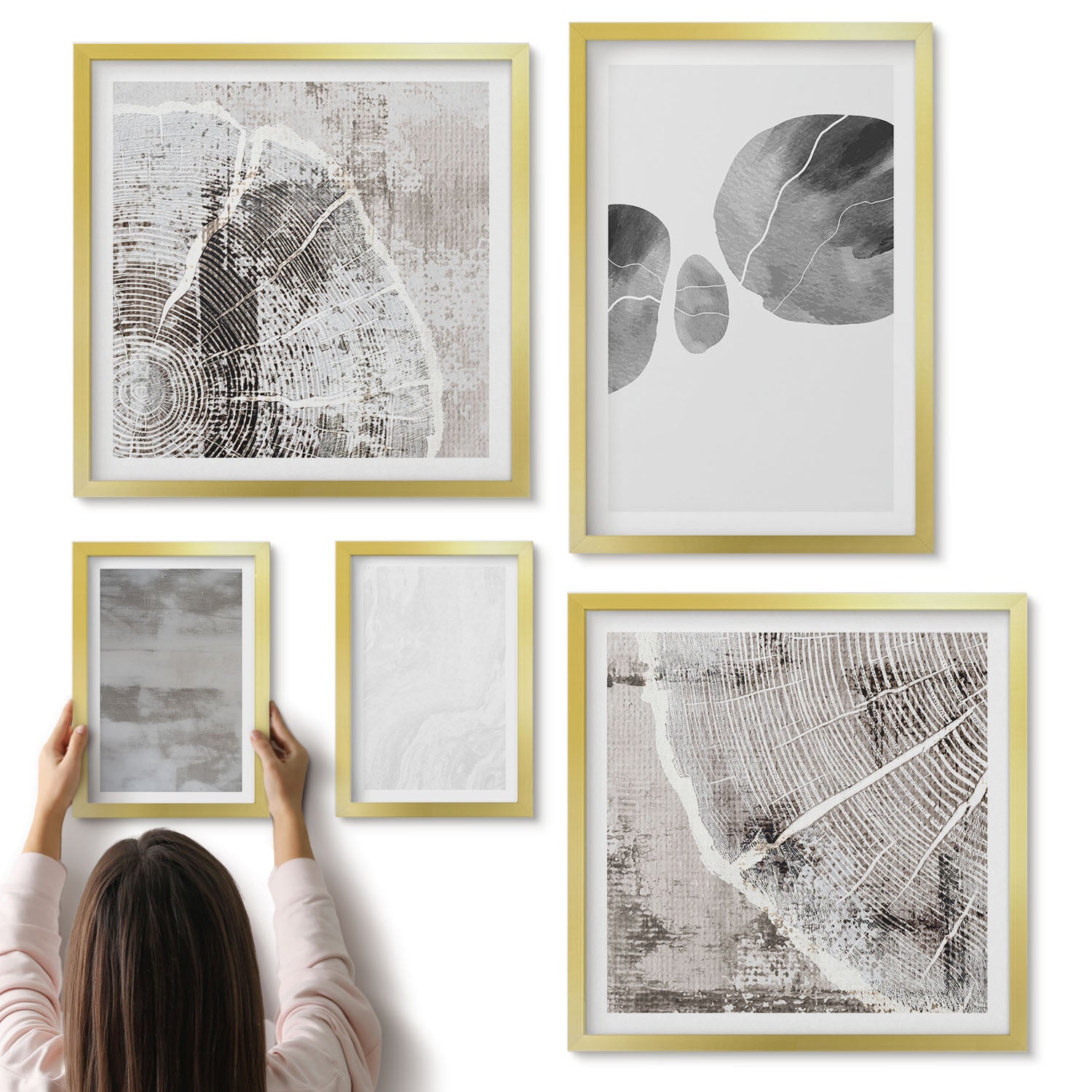 Galeria ścienna 5-częściowy komplet obrazów w złotych ramach - Abstrakcyjne kształty i struktury styl nowoczesny - ArtPrintCave