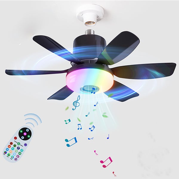 Mini wentylator sufitowy 4-w-1 (wentylacja/ściemnialne światło LED/głośnik Bluetooth/RGB) - 47 cm, 3 prędkości, pilot, E27