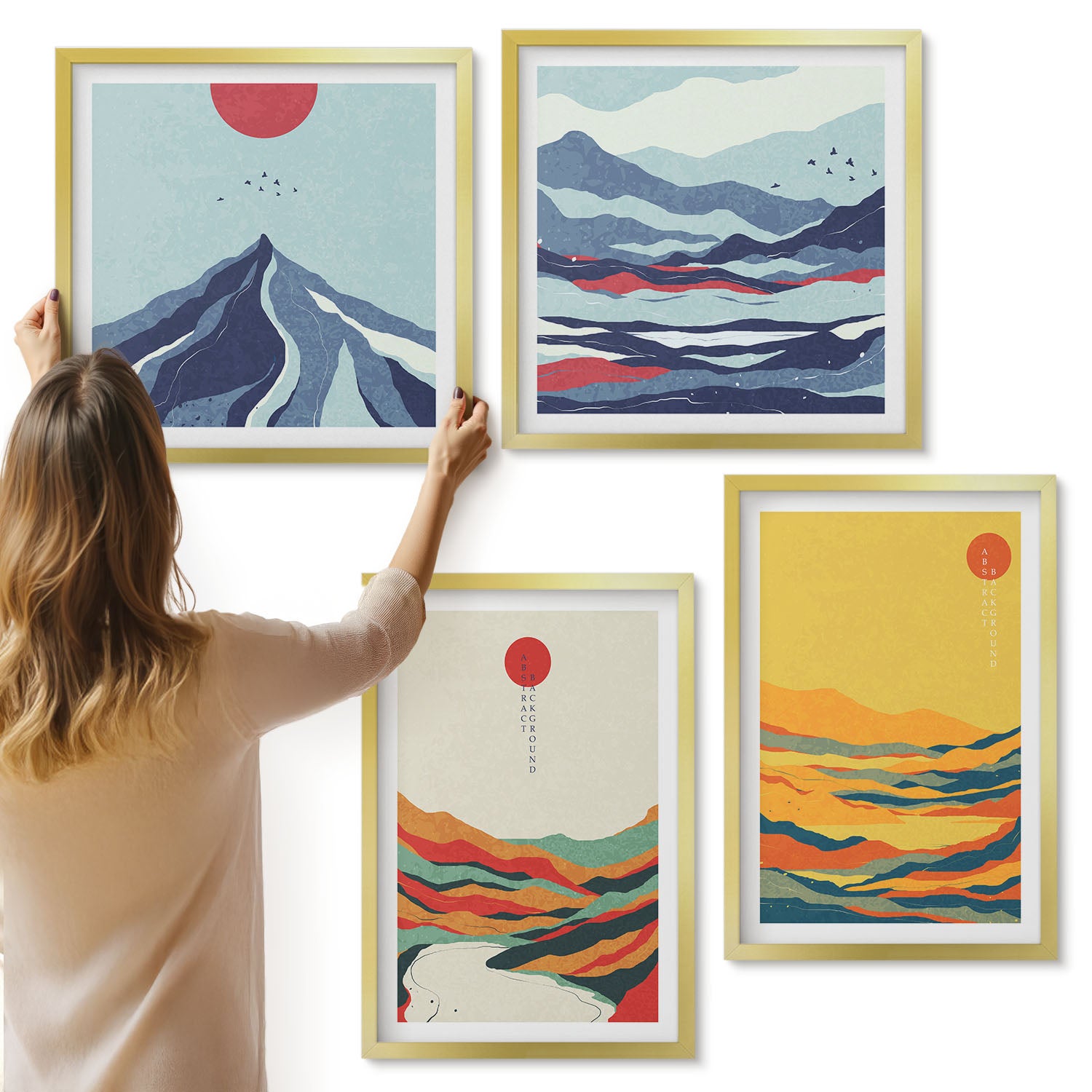 Galeria ścienna 4-częściowy komplet obrazów w złotych ramach - Kolorowe abstrakcyjne krajobrazy górskie i rzeki - ArtPrintCave