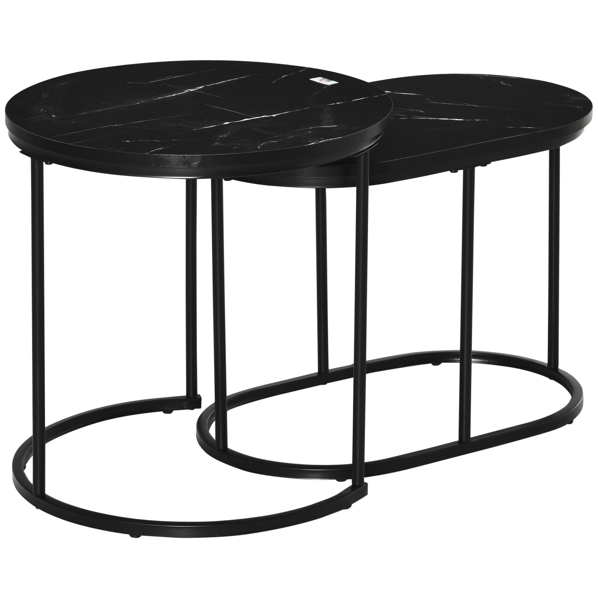 Zestaw 2 składanych stolików kawowych, owalnych i okrągłych, efekt marmuru, płyta MDF, metal, Ø50 x 50,5 cm (wys.), czarny