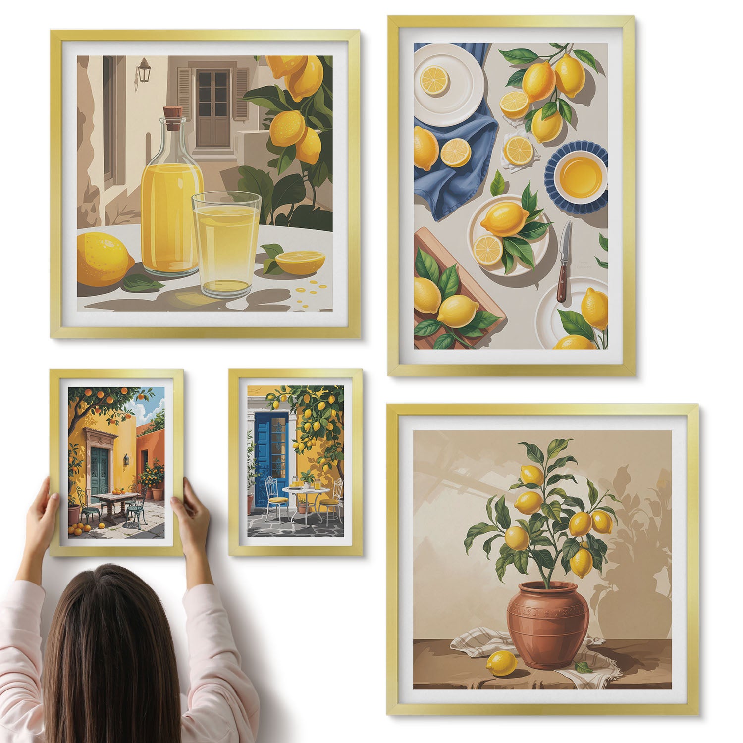 Galeria ścienna 5-częściowy komplet obrazów w złotych ramach - Cytrynowe inspiracje w stylu śródziemnomorskim - ArtPrintCave