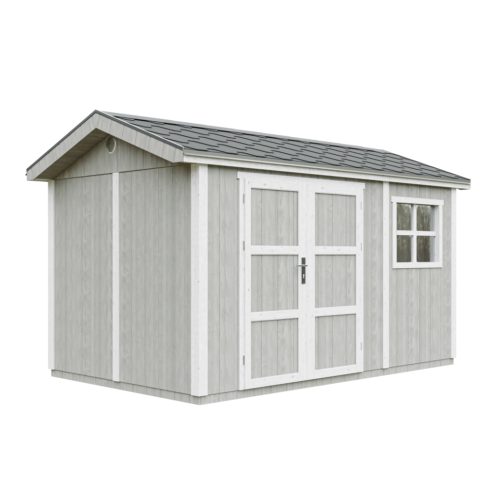 Szopa ogrodowa najwyższej jakości 8,68 m² - wys. 252 x 250 x 412 cm - z podłogą i gontem bitumicznym - Timbela M914A - TUNDRA GREY