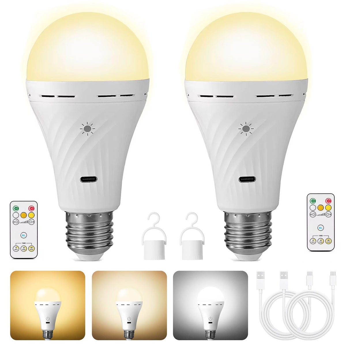Żarówka LED USB z możliwością ładowania, z pilotem, bateria 2200mAh, 3 poziomy ściemniania i timer, gwint E27, trzy temperatury barwowe.