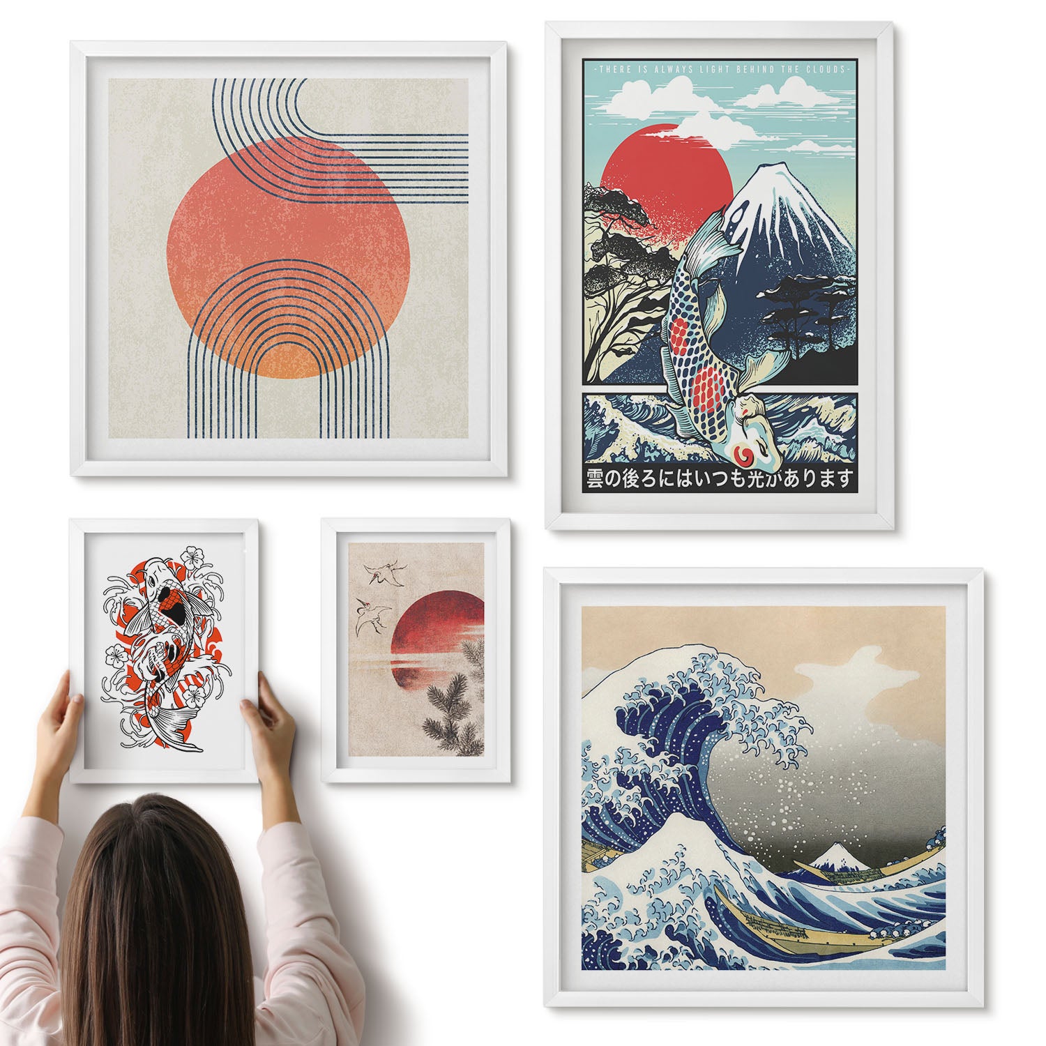 Galeria ścienna 5-częściowy komplet obrazów w białych ramach - Sztuka japońska motywy fal i tradycyjne wzory - ArtPrintCave