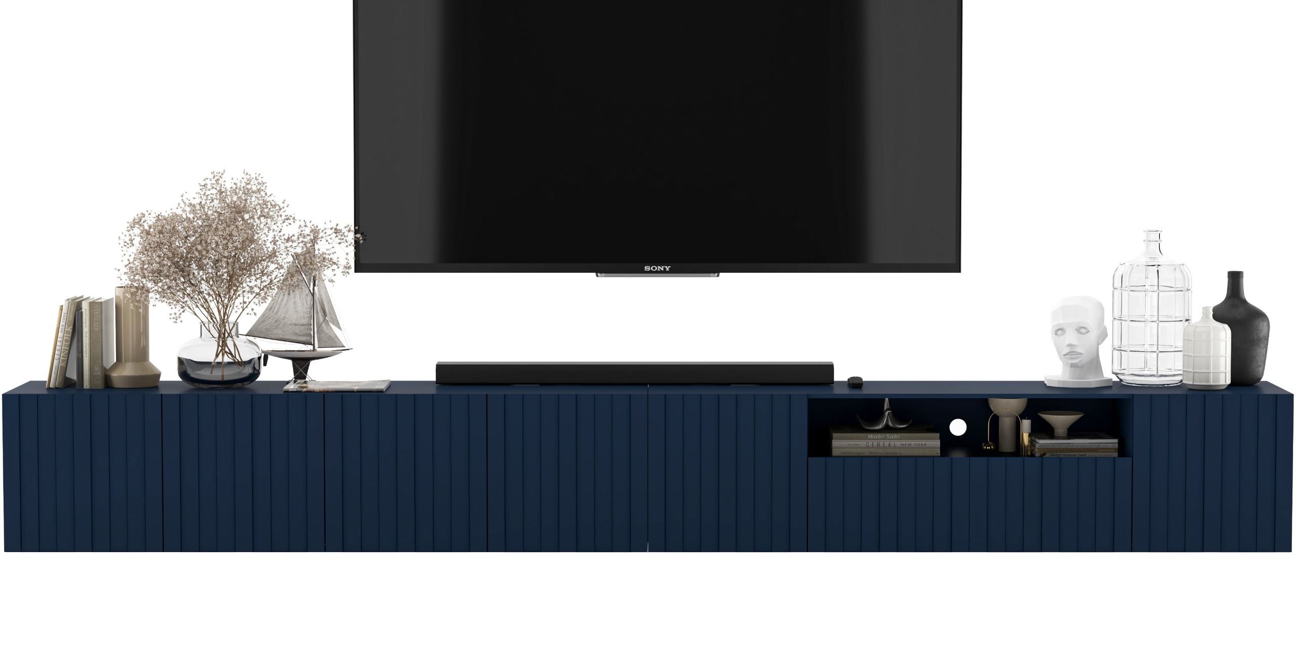 Nowoczesna wisząca szafka RTV Glamour 300 cm granatowy mat, komoda pod telewizor do salonu