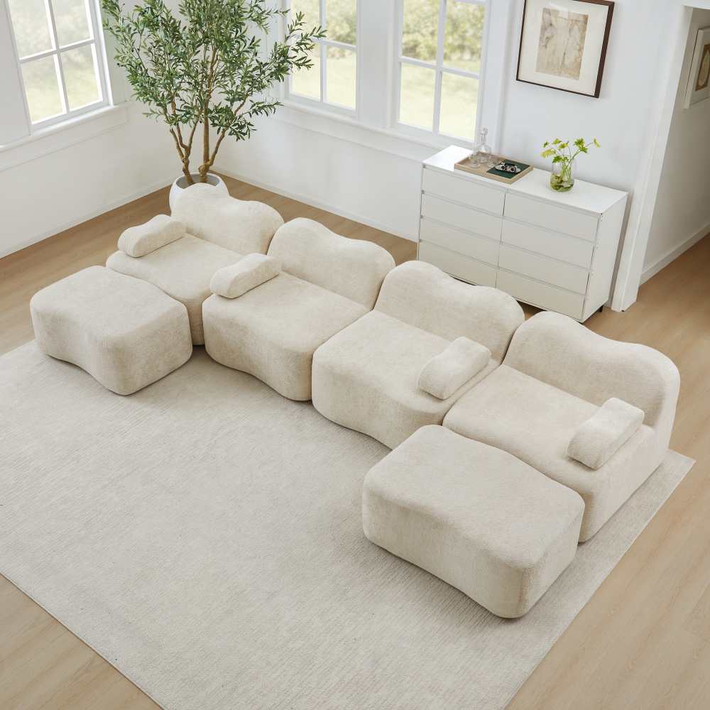 Sofa narożna U 4-osobowa beżowa welur z 2 otomanami, poduszki zdejmowane, wysoka gęstość pianki, nowoczesny design, salon modulowany