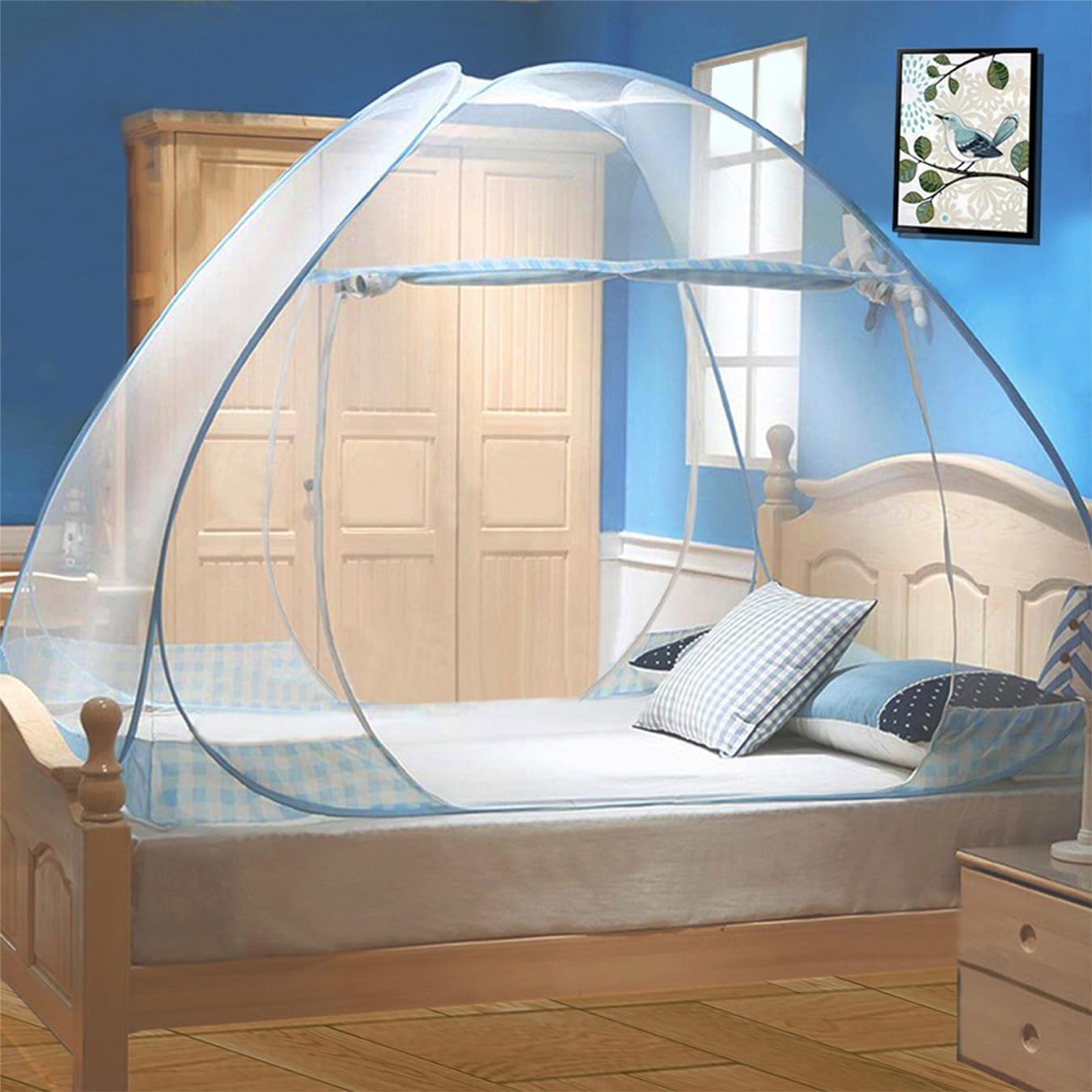 Moskitiera na łóżko Dome Bed, 180 x 200 cm, szybki montaż | Przenośna i składana, idealna na kemping i do sypialni | Podwójne drzwi, niebieskie wykoń