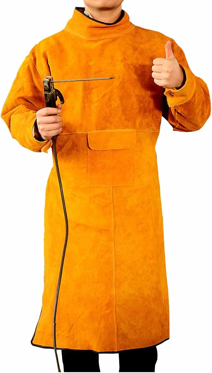 (2XL-120cm) Unisexowy fartuch spawalniczy ze skóry bydlęcej - żółty z rękawami i kołnierzem, fartuch ochronny do prac warsztatowych, odporny na iskr