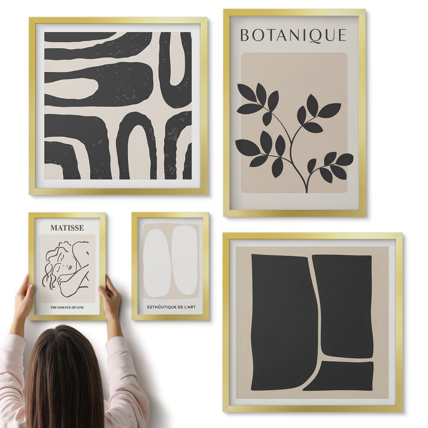Galeria ścienna 5-częściowy komplet obrazów w złotych ramach - Stylowe grafiki z roślinnymi motywami i abstrakcją - ArtPrintCave