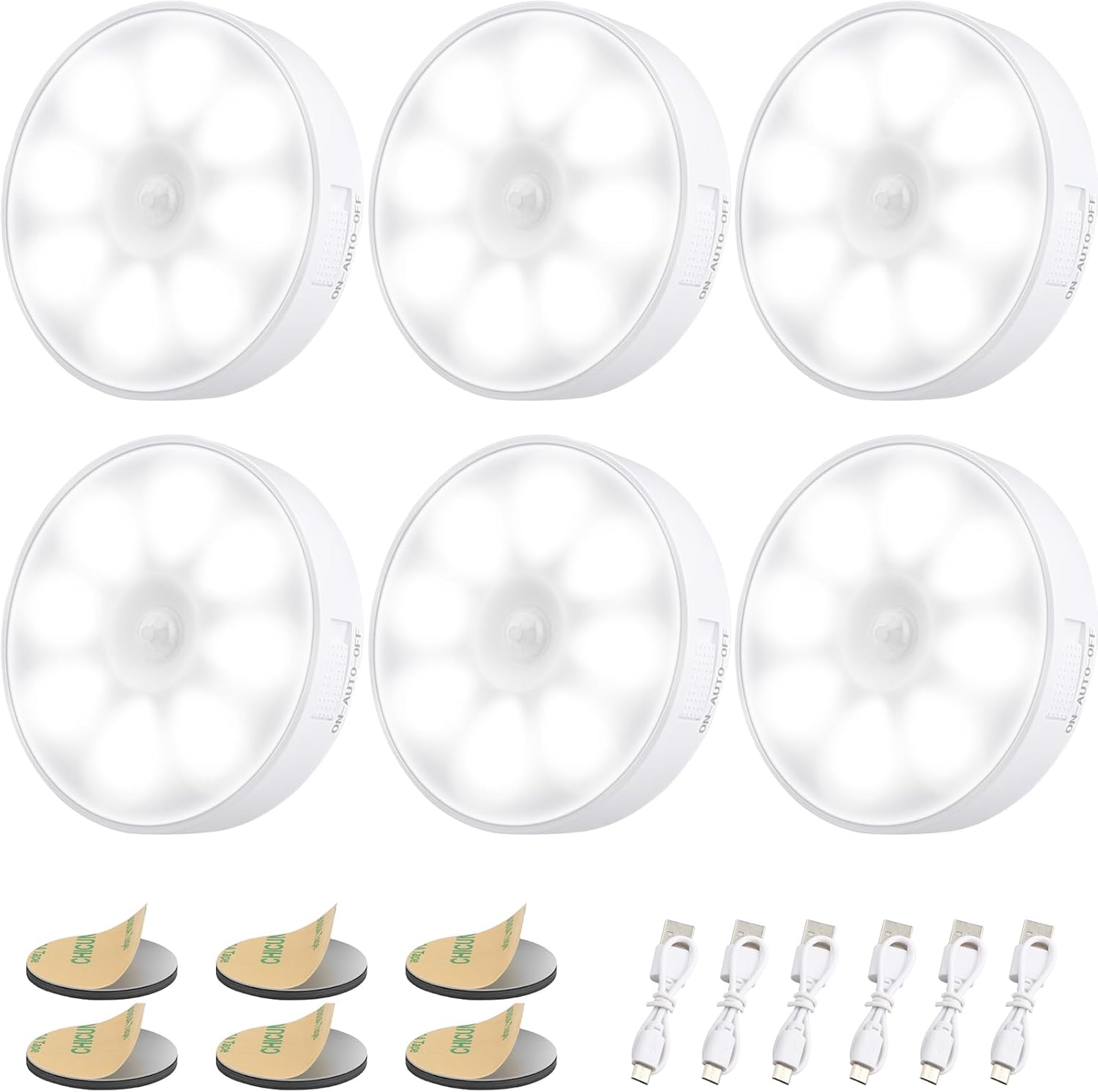 Lampka nocna LED z automatycznym ładowaniem przez USB [6 szt.], lampka nocna indukcyjna 6000K/8 diod LED/akumulator 400mAh, lampka nocna z czujnikiem