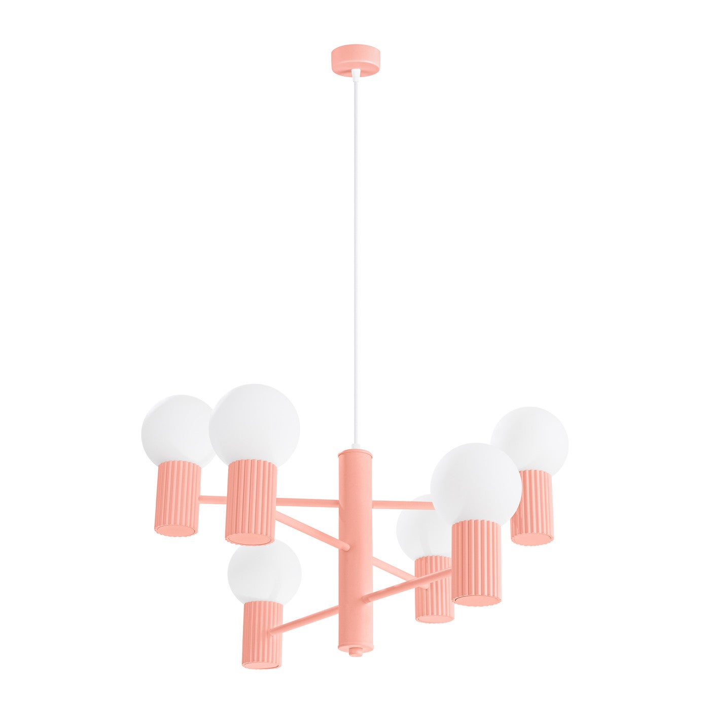 Żyrandol nowoczesny brzoskwiniowy ryflowane korpusy szklane białe kule 6xG9 8W HALO Sollux Lighting