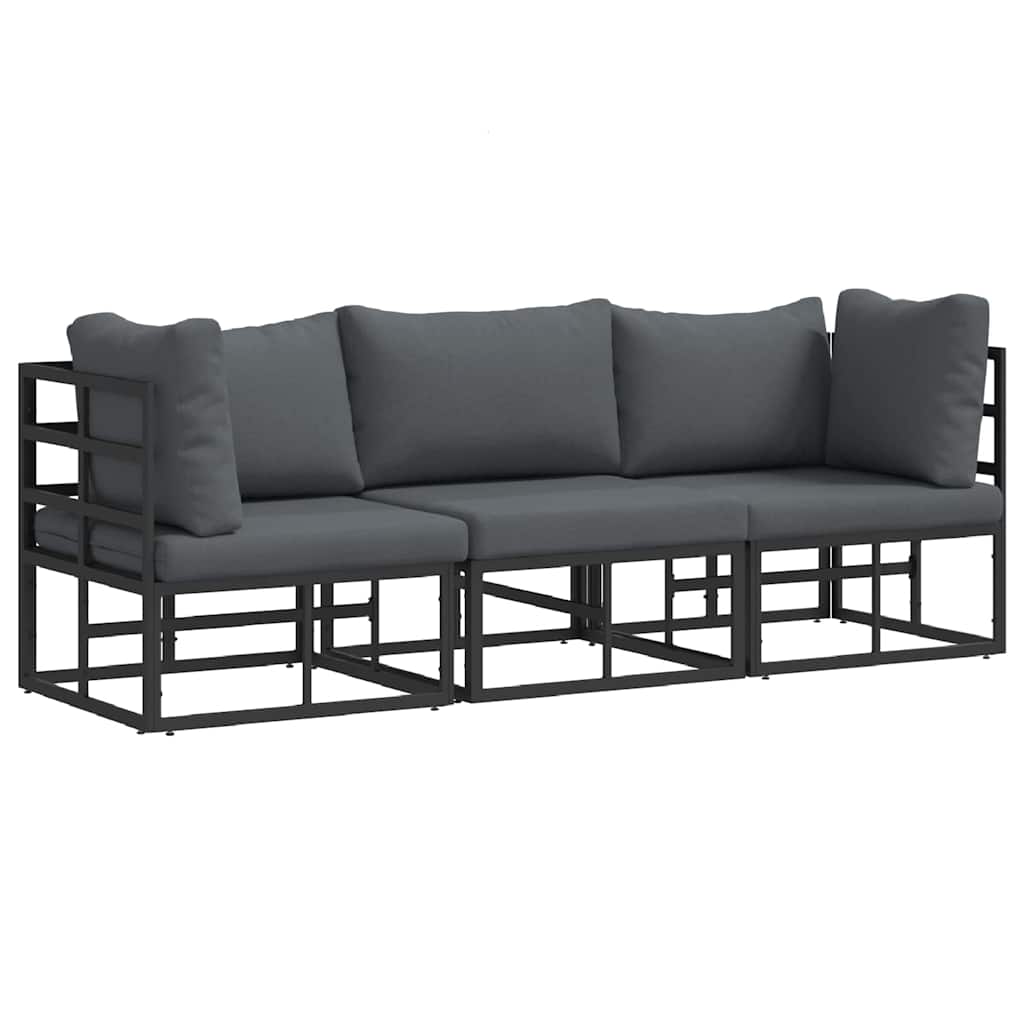 Sofa Ogrodowa Modułowa 3-Osobowa Metalowa Czarna z Poduszkami na Taras