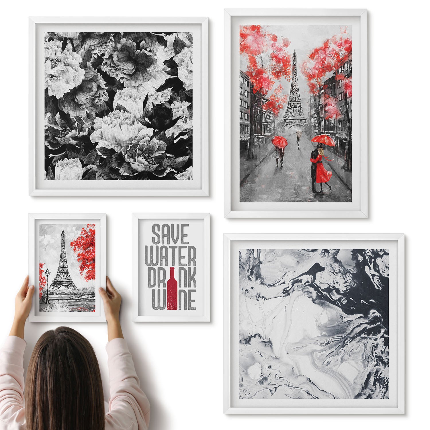 Galeria ścienna 5-częściowy komplet obrazów w białych ramach - Paryskie widoki z kwiatami i abstrakcyjnymi wzorami - ArtPrintCave