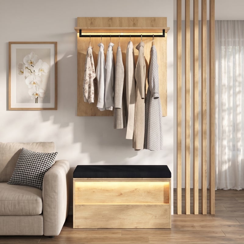 Zestaw szafek na buty z wieszakiem ściennym, drążkiem na wieszaki i 2 diodami LED - MDF - 90 x 45 x 145 cm - dąb i czerń