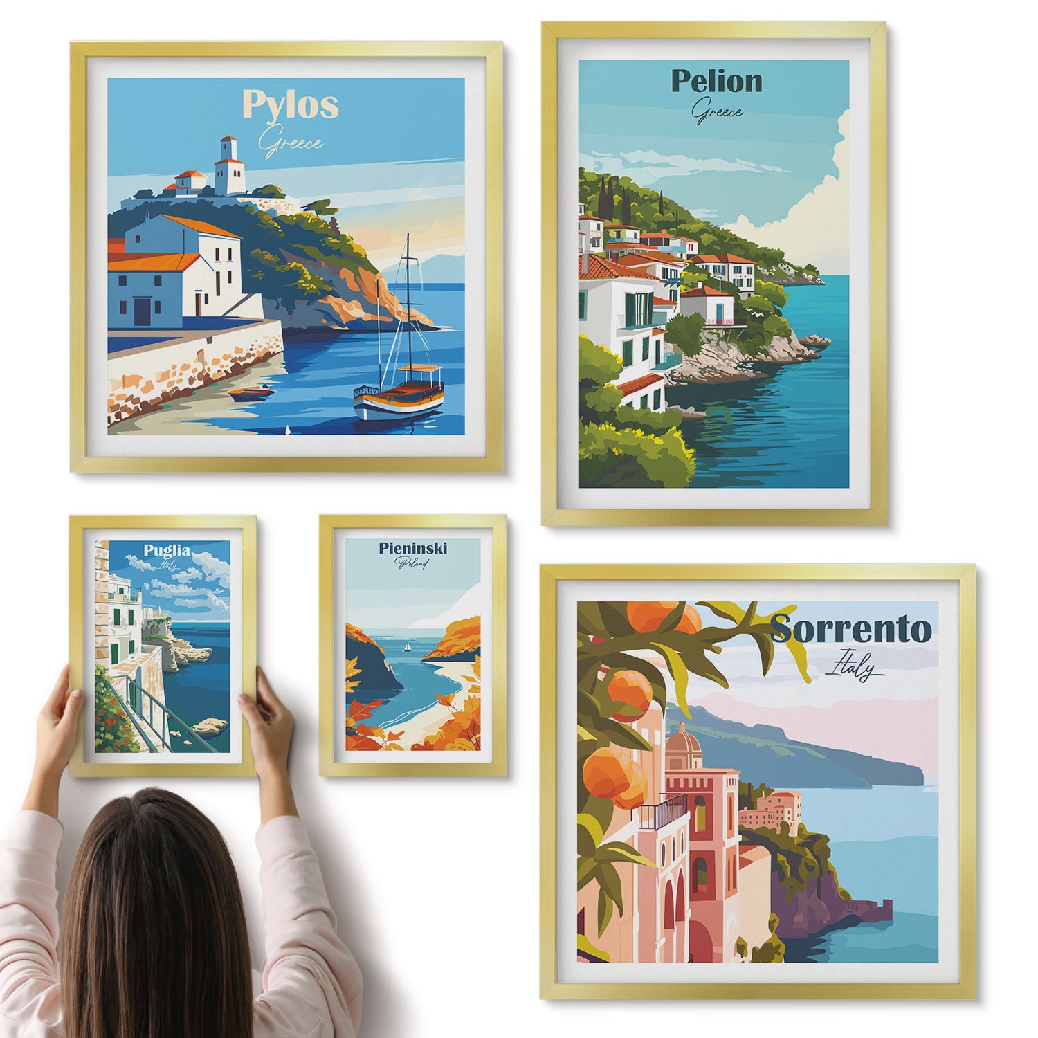 Galeria ścienna 5-częściowy komplet obrazów w złotych ramach - Krajobrazy greckich wysp i malowniczych miasteczek - ArtPrintCave