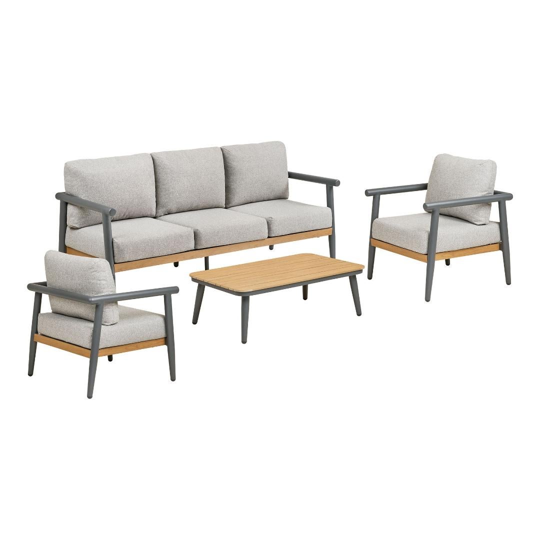 Camilla zestaw wypoczynkowy z poduszkami sofa, 2 fotele, 1 stolik szaro-beżowy.