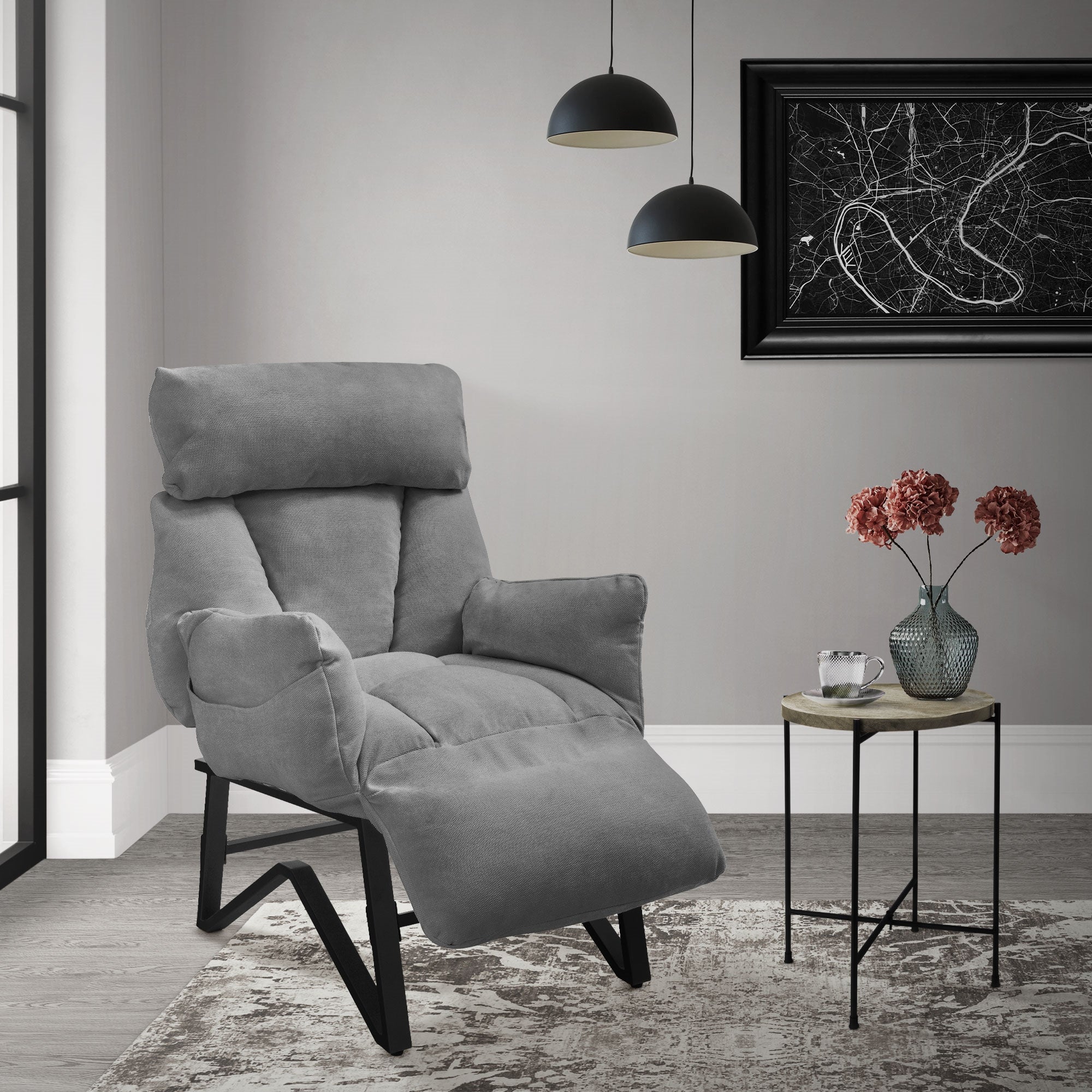 ML-Design Fotel relaksacyjny szary regulowany tapicerowany lnu wygodny do salonu fotel czytania z podłokietnikami podnóżkiem boczne kieszenie